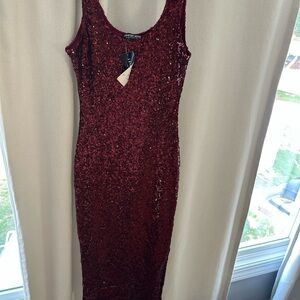Fashion Nova Burgundy Sequin Midi Dress